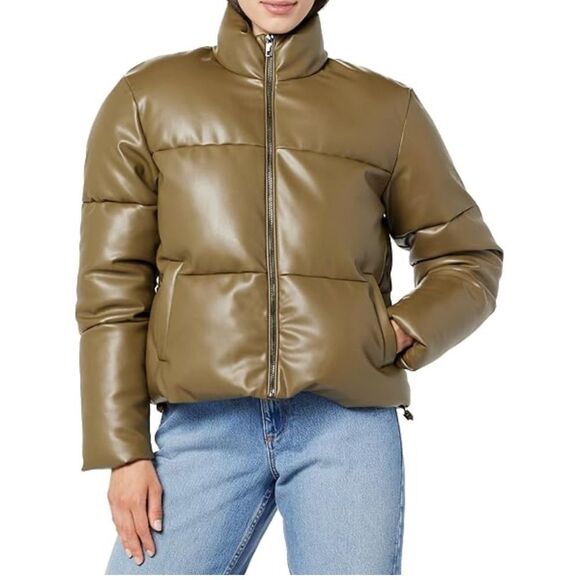 The Drop Women's Priscilla Vegan Leather Puffer, Jacket CAPERS OLIVE, NEW - Picture 5 of 9